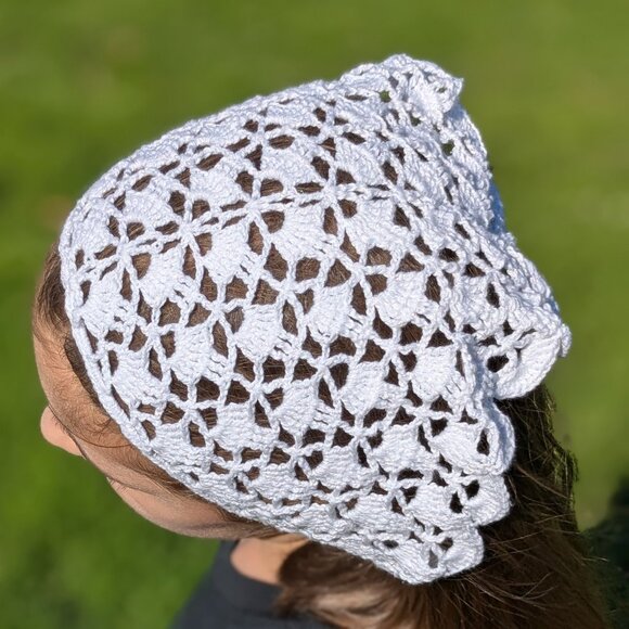 Handmade Cotton Crochet Lace Bandana Head Scarf with Golden Shine - Picture 2 of 4